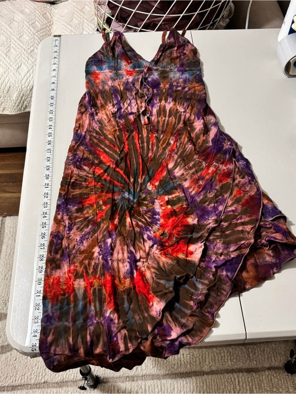 Y2K Asymmetrical Ice Dyed Slip Dress Multicolor Size Small Ruffle Babydoll Boho
